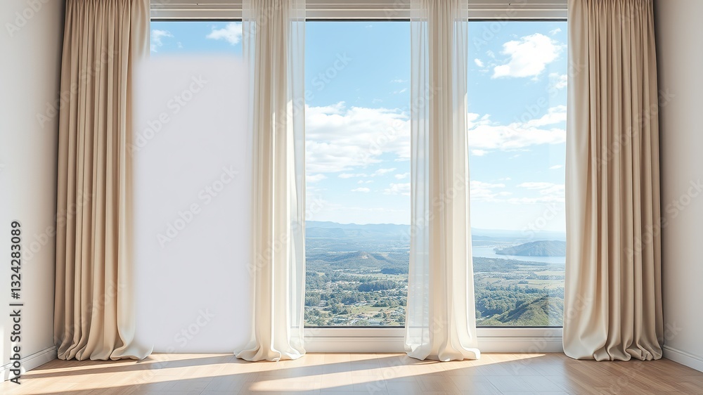 Obraz premium Floor-to-Ceiling Window Mockup with Drapery and Scenic View