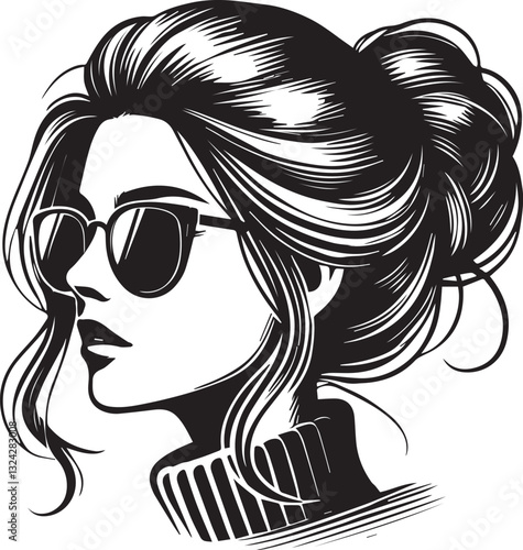 black girl with sunglasses vector file, women head in sunglass, women head in sunglass silhouette vector, women head vector illustration, Woman silhouette vector isolated on white background