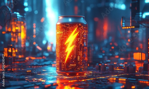An energy drink can with glowing lightning bolts on the label, surrounded by circuit boards and neon lights