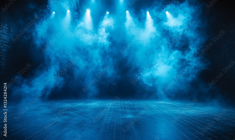 Fototapeta premium empty stage with spotlights and blue smoke.