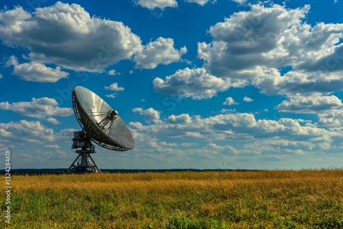 Large satellite dish in field under blue sky with clouds. Neural network AI generated
