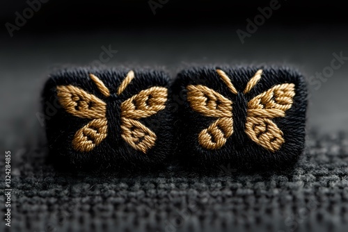 Delicate golden butterfly embroidery on black fabric buttons creates elegant detail against textured background. Macro photography captures intricate needlework pattern.