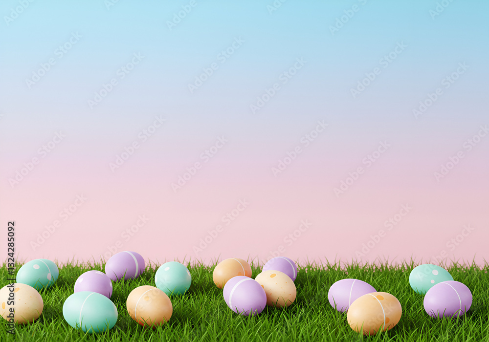 Fototapeta premium colorful easter eggs on grass with pastel background. blank copy space