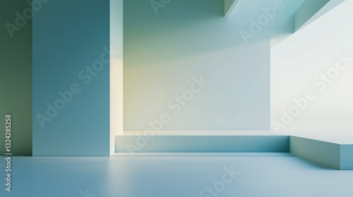 Wallpaper Mural Modern minimalist interior space with geometric structures in soft blue-green tones. Clean and bright room design perfect for wallpaper, showcasing contemporary architectural aesthetics. Torontodigital.ca