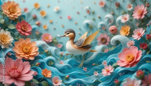 Wallpaper Mural A Paper Art Bird Soaring Above Ocean Waves and Colorful Flowers A Serene Nature Scene Torontodigital.ca