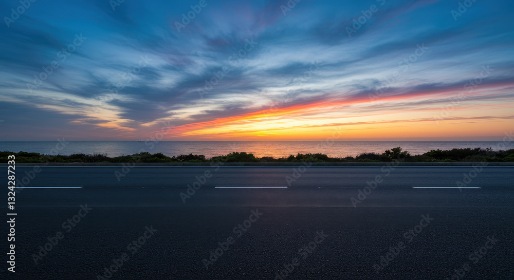 Obraz premium Coastal Road Sunset: Stunning Ocean Views & Open Road. Drive into Paradise!