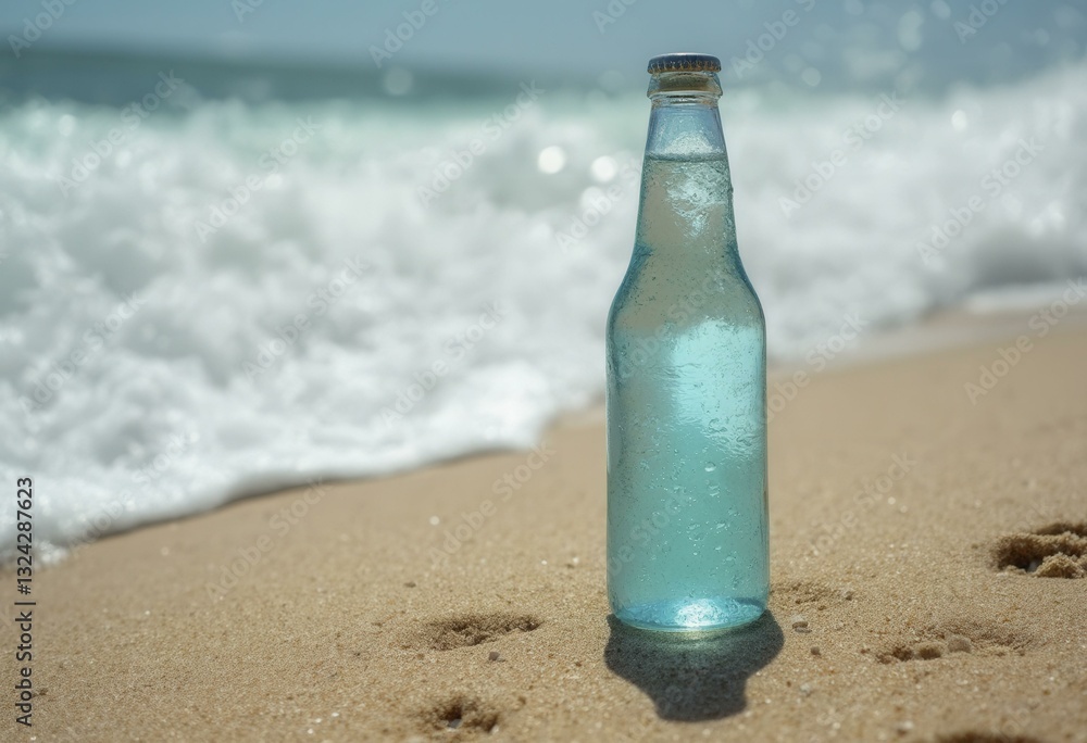 Water Bottle on Sandy Beach with Wave Approaching Water Bottle on Sandy Beach with Wave Approaching