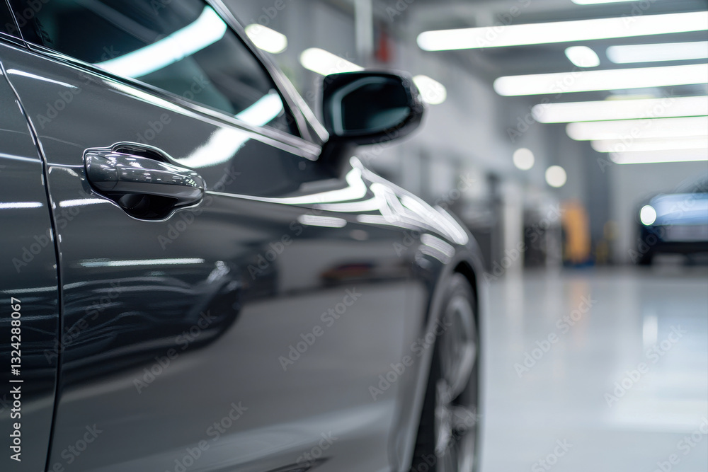 Fototapeta premium Close-up view of a sleek car exterior reflecting modern garage lights.