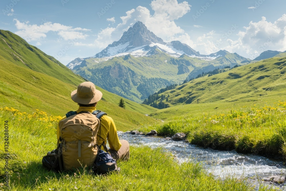 A hiker resting by a mountain stream, taking in the fresh air and calming sounds of the water, symbolizing the restorative power of nature A hiker resting by a mountain stream, taking in the fresh air and calming sounds of the water, symbolizing the restorative power of nature
