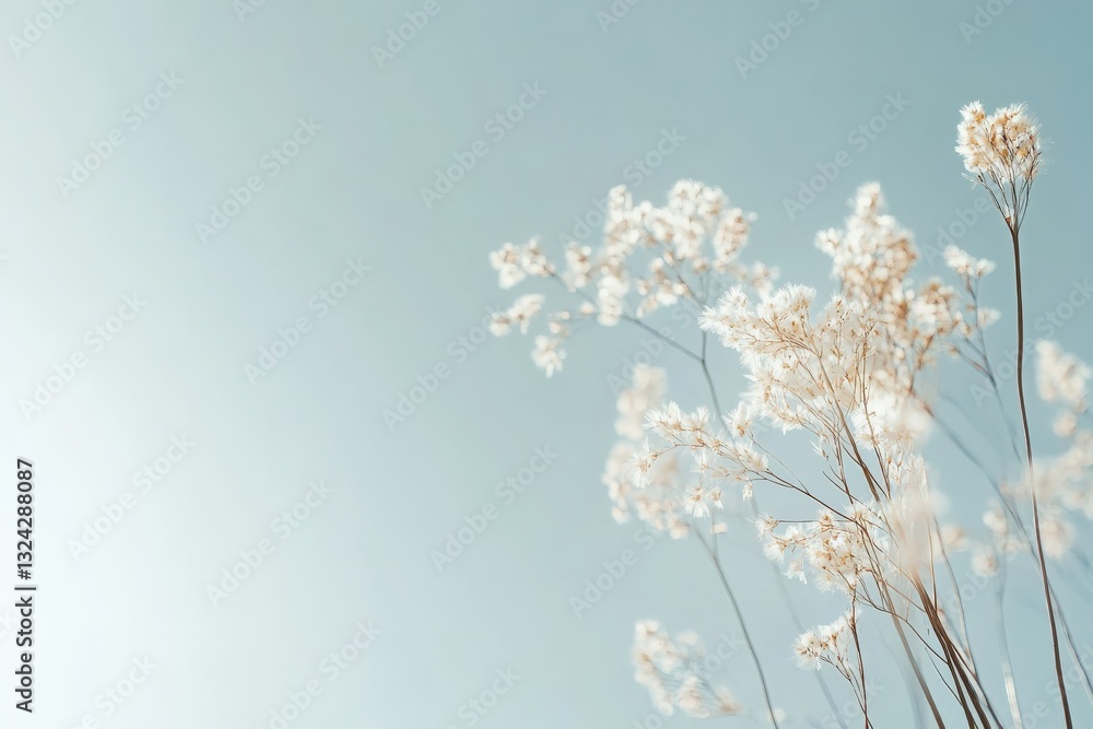 Delicate white flowers swaying gently against pastel blue sky Delicate white flowers swaying gently against pastel blue sky