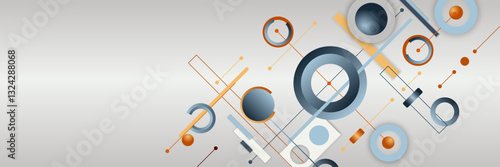 A modern diagonal geometric abstract background with intersecting circles, lines, and dots in a restrained color palette of blue, gray, and orange. A minimalist and technological style.