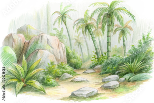 tropical forest with trees and stones hand drawn sketch