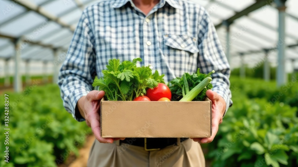 Fototapeta premium Close-up, a farmer holding a wooden box with vegetables in his hands