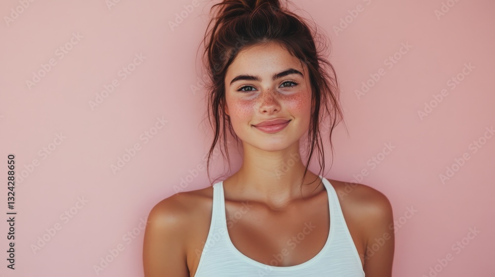 Fototapeta premium Beautiful young woman with freckles smiling on pink background