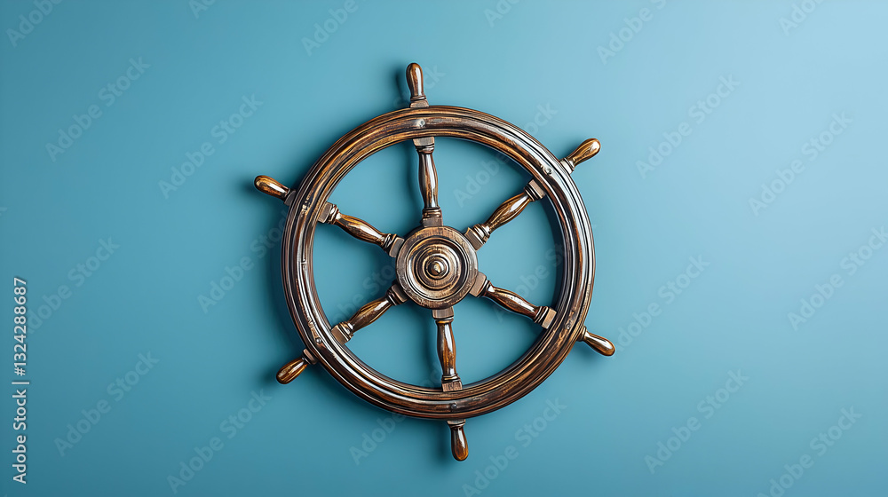 Obraz premium Vintage Wooden Ship Wheel On A Teal Blue Background With Detailed Wood Grain And Spokes For Nautical Theme