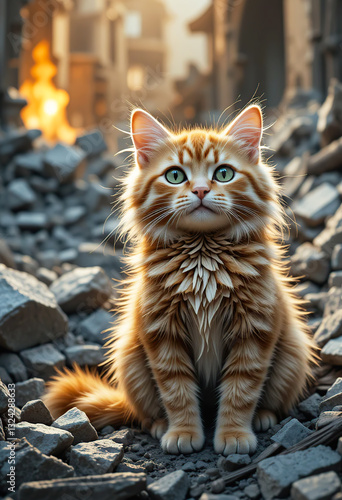 Alone Pet ginger cat on the ruins destroyed  houses by natural disasters or military actions. Generation AI