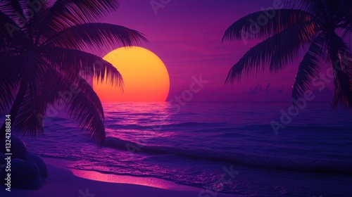 Tropical beach at twilight deep purple sky glowing orange sun and layered 3D paper cut palm trees over a soft ocean breeze.