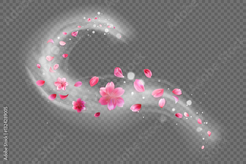Vector illustration of a magical swirl of sakura petals with a soft glow effect. Pink cherry blossom petals float gracefully in the air, creating a dreamy and elegant atmosphere. Isolated on a