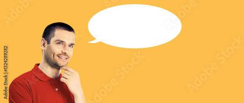 Portrait of happy smiling young brunette hair thinking man, isolated against orange plain background with white empty mockup text speech bubble ballon cloud banner. Template dream symbol concept image