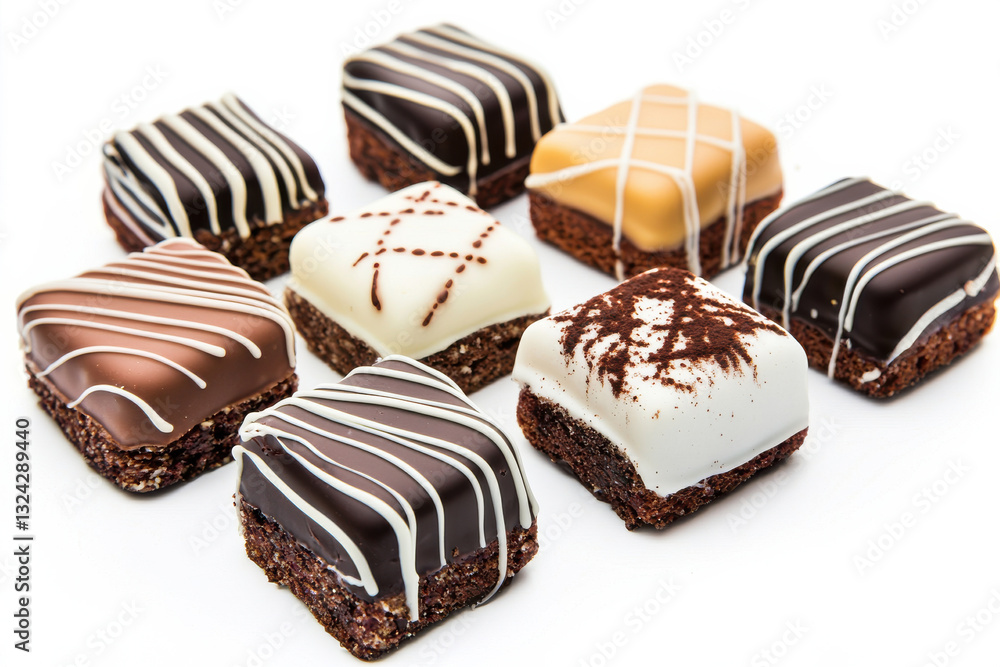 Delicious assorted chocolate cubes with elegant drizzles on a bright background. isolated on white background. Delicious assorted chocolate cubes with elegant drizzles on a bright background. isolated on white background.