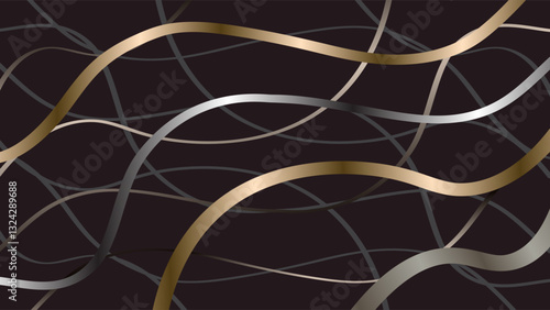 Abstract Flowing Elegant Gold and Silver Band in Black Color Background. A luxurious abstract background featuring elegant gold and silver lines against a dark backdrop