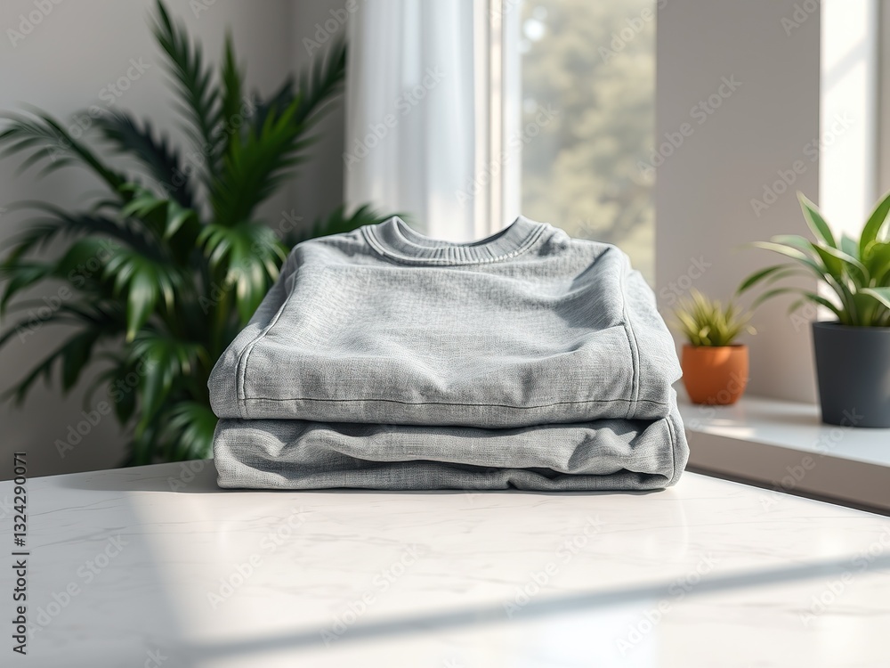Fototapeta premium Gray Sweatshirt Mockup on Marble Countertop with Plants