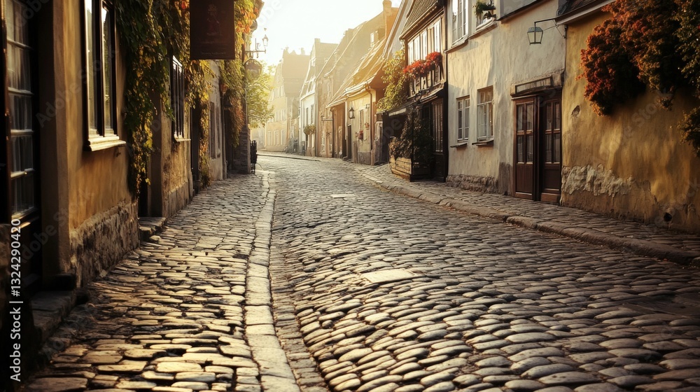 Cobblestone street in a quaint European town at sunrise. Cobblestone street in a quaint European town at sunrise.