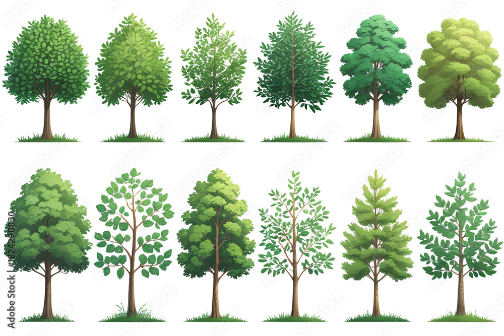 Obraz premium Collection of 12 Different Tree Illustrations in PNG Format - Various Tree Types and Shapes for Nature and Landscape Design