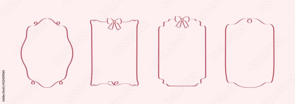 Hand-drawn doodle coquette frames with wavy lines, bows, and ribbons. Vector vintage set whimsical borders for wedding invitations, birthday cards, and prints. Minimalist simple line art.
Hand-drawn doodle coquette frames with wavy lines, bows, and ribbons. Vector vintage set whimsical borders for wedding invitations, birthday cards, and prints. Minimalist simple line art.
