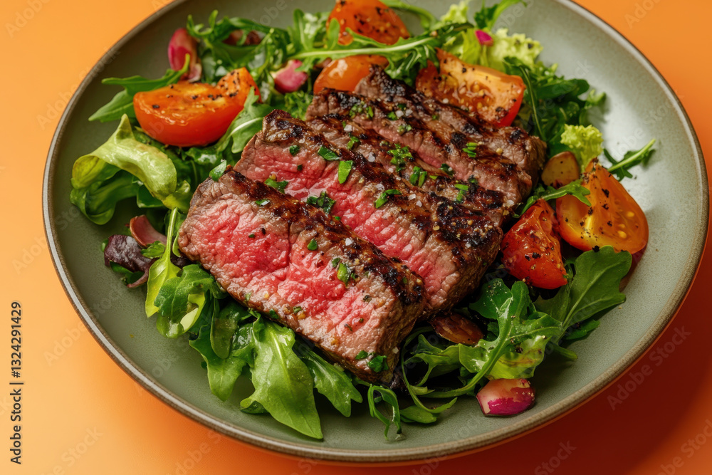 Juicy steak served with fresh tomato salad on a white plate, adding color and vibrancy to the meal. Juicy steak served with fresh tomato salad on a white plate, adding color and vibrancy to the meal.
