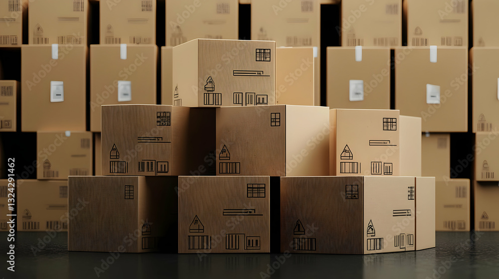 Stack Of Cardboard Boxes In A Warehouse With Dark Floor And Background Optimized For Adobe Stock Stack Of Cardboard Boxes In A Warehouse With Dark Floor And Background Optimized For Adobe Stock