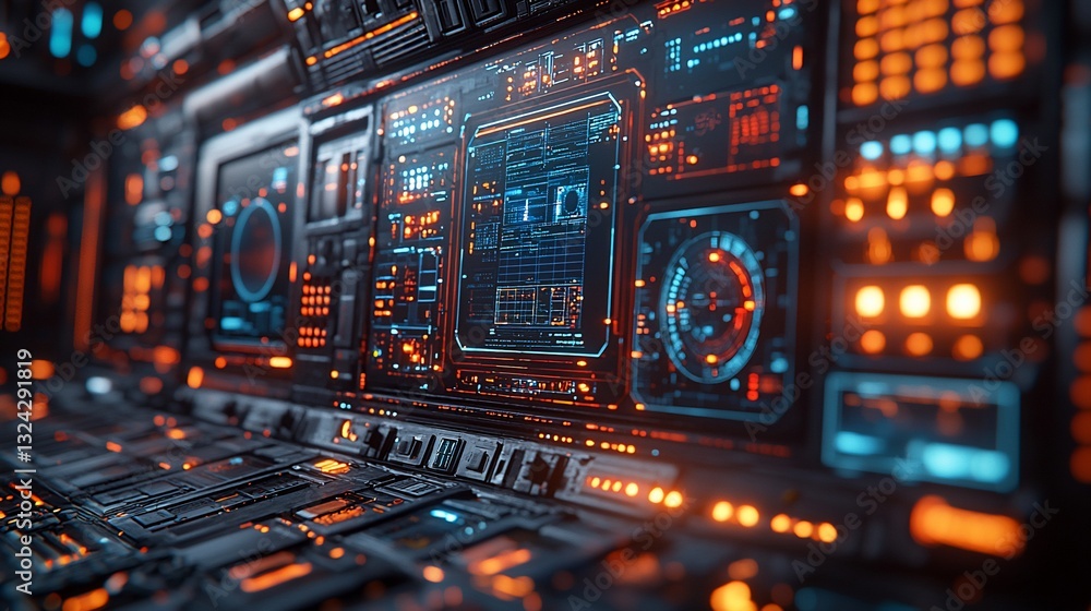 Obraz premium Futuristic control panel with glowing interfaces and data displays in a high-tech environment
