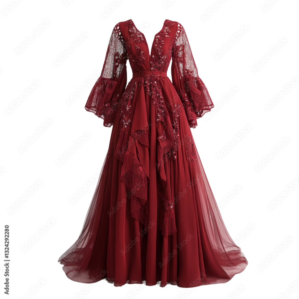 A beautiful red dress with intricate lace on a see-through backdrop A beautiful red dress with intricate lace on a see-through backdrop