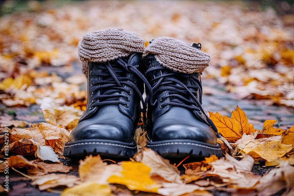A vibrant autumn setting features black boots and a cozy scarf amidst fall leaves A vibrant autumn setting features black boots and a cozy scarf amidst fall leaves
