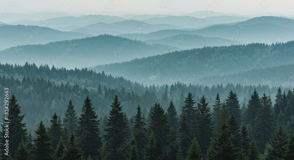 Misty Mountains Majesty: Layers of Green Forest Peaks, Scenic Landscape Misty Mountains Majesty: Layers of Green Forest Peaks, Scenic Landscape