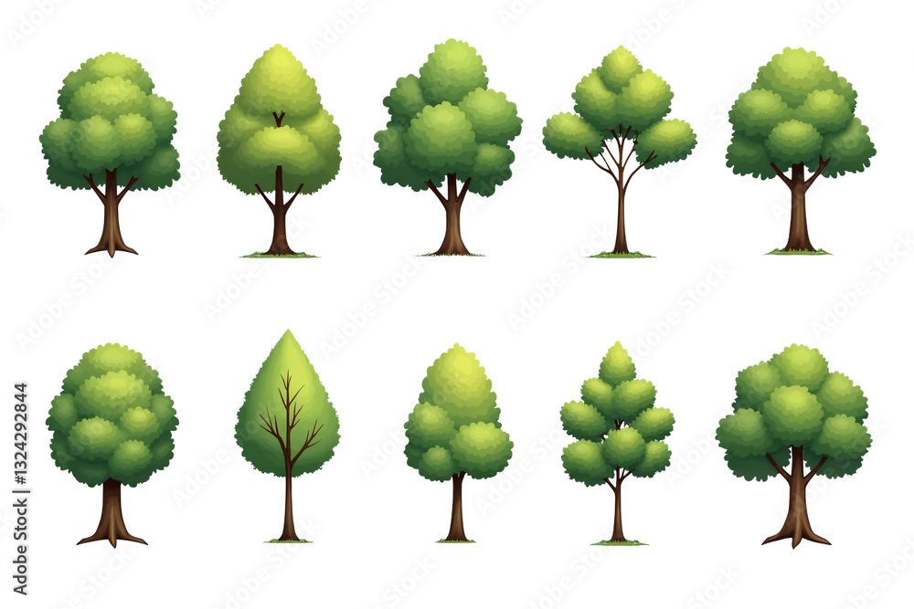 Fototapeta premium Collection of 10 Different Cartoon Trees PNG Illustrations with Various Shapes and Sizes for Nature and Landscape Design