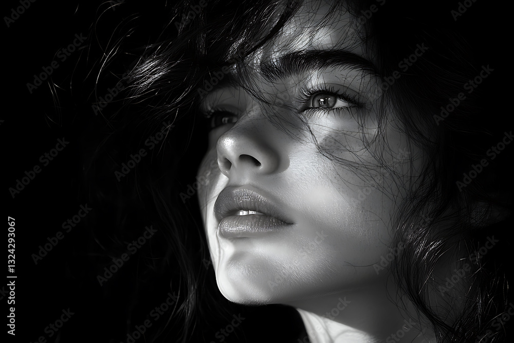 Ultra-high resolution black and white portrait of a woman with dramatic lighting enhanced by color gel effects. Ultra-high resolution black and white portrait of a woman with dramatic lighting enhanced by color gel effects.