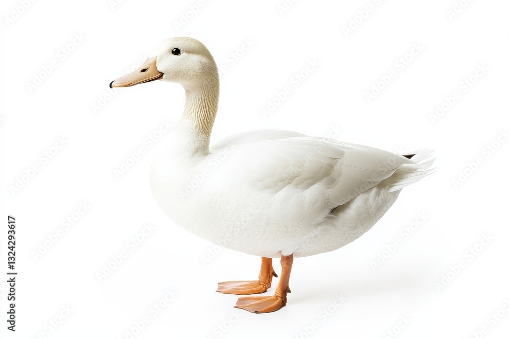 A graceful white duck stands poised on a clean surface, showcasing its elegant features and serenity isolated on transparent background A graceful white duck stands poised on a clean surface, showcasing its elegant features and serenity isolated on transparent background