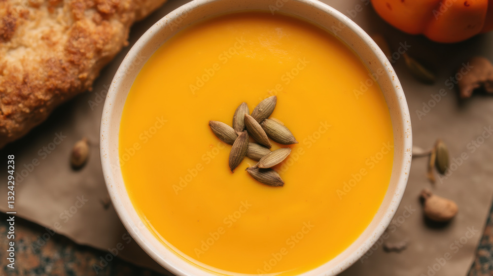 Creamy pumpkin soup topped with spices, served in bowl. Perfect for autumn Creamy pumpkin soup topped with spices, served in bowl. Perfect for autumn