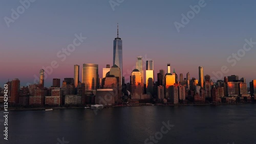 Sunset at Manhattan downtown skyline, Cityscape, Aerial footage