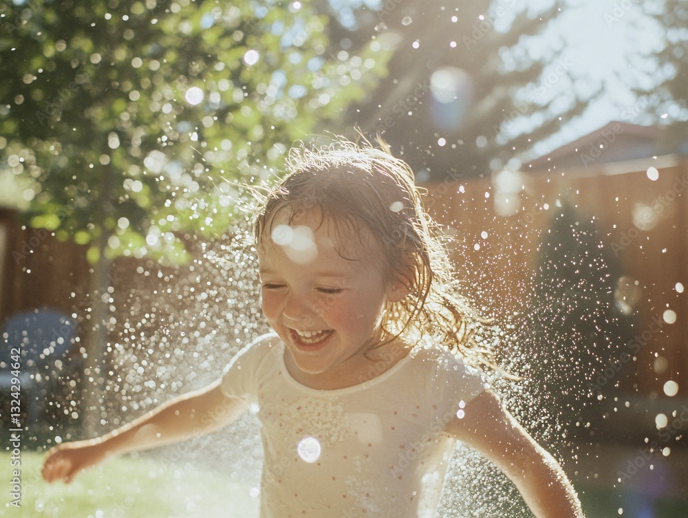Fototapeta premium Child joyfully running through sprinklers in summer backyard splash fun sunlit environment playful scene