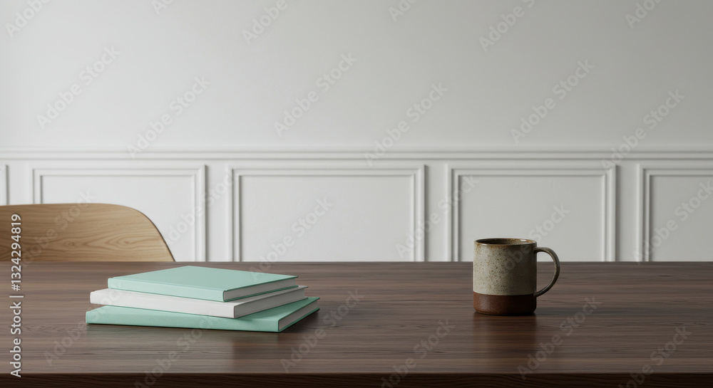 Books & Coffee: Minimalist Workspace Scene - Study Aesthetic, Home Office Decor, Wooden Desk, White Wall, Relaxing Vibe Books & Coffee: Minimalist Workspace Scene - Study Aesthetic, Home Office Decor, Wooden Desk, White Wall, Relaxing Vibe