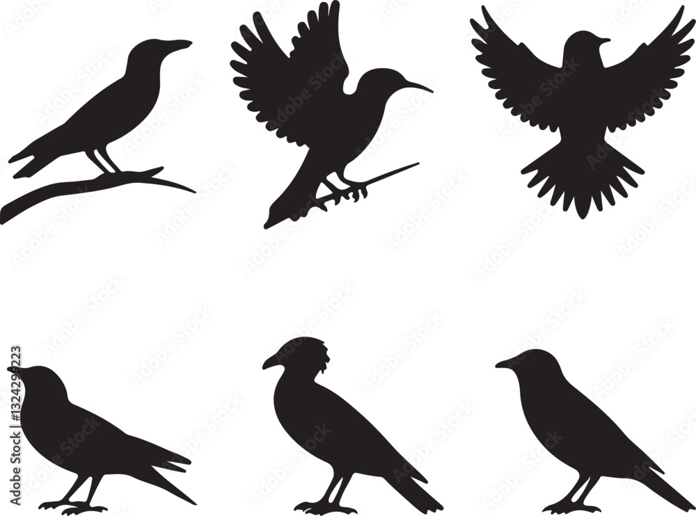 Obraz premium Illustration of six black bird silhouettes in three rows on a light white background. Birds in different postures and styles