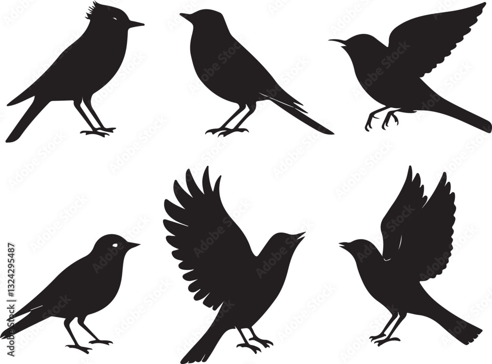 Fototapeta premium Illustration of six black bird silhouettes in three rows on a light white background. Birds in different postures and styles