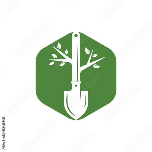 Shovel tree vector logo design. Green garden environment logo design template.