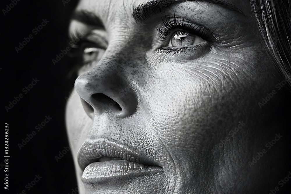 Ultra-high resolution black and white portrait of a woman with dramatic lighting enhanced by color gel effects. Ultra-high resolution black and white portrait of a woman with dramatic lighting enhanced by color gel effects.