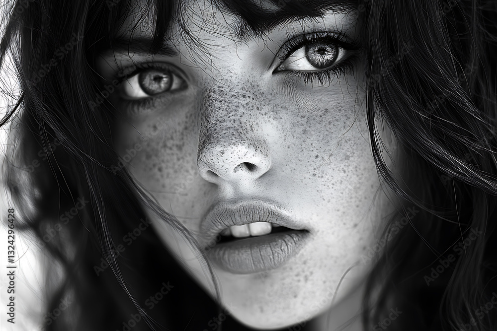 Ultra-high resolution black and white portrait of a woman with dramatic lighting enhanced by color gel effects. Ultra-high resolution black and white portrait of a woman with dramatic lighting enhanced by color gel effects.