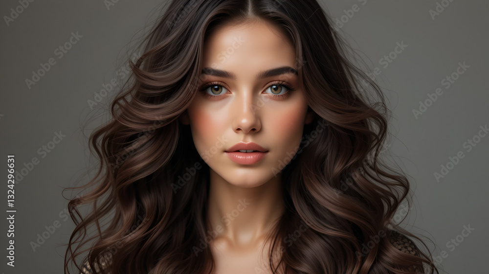 Beautiful model girl with long wavy and shiny hair . Brunette woman with curly hairstyle Beautiful model girl with long wavy and shiny hair . Brunette woman with curly hairstyle
