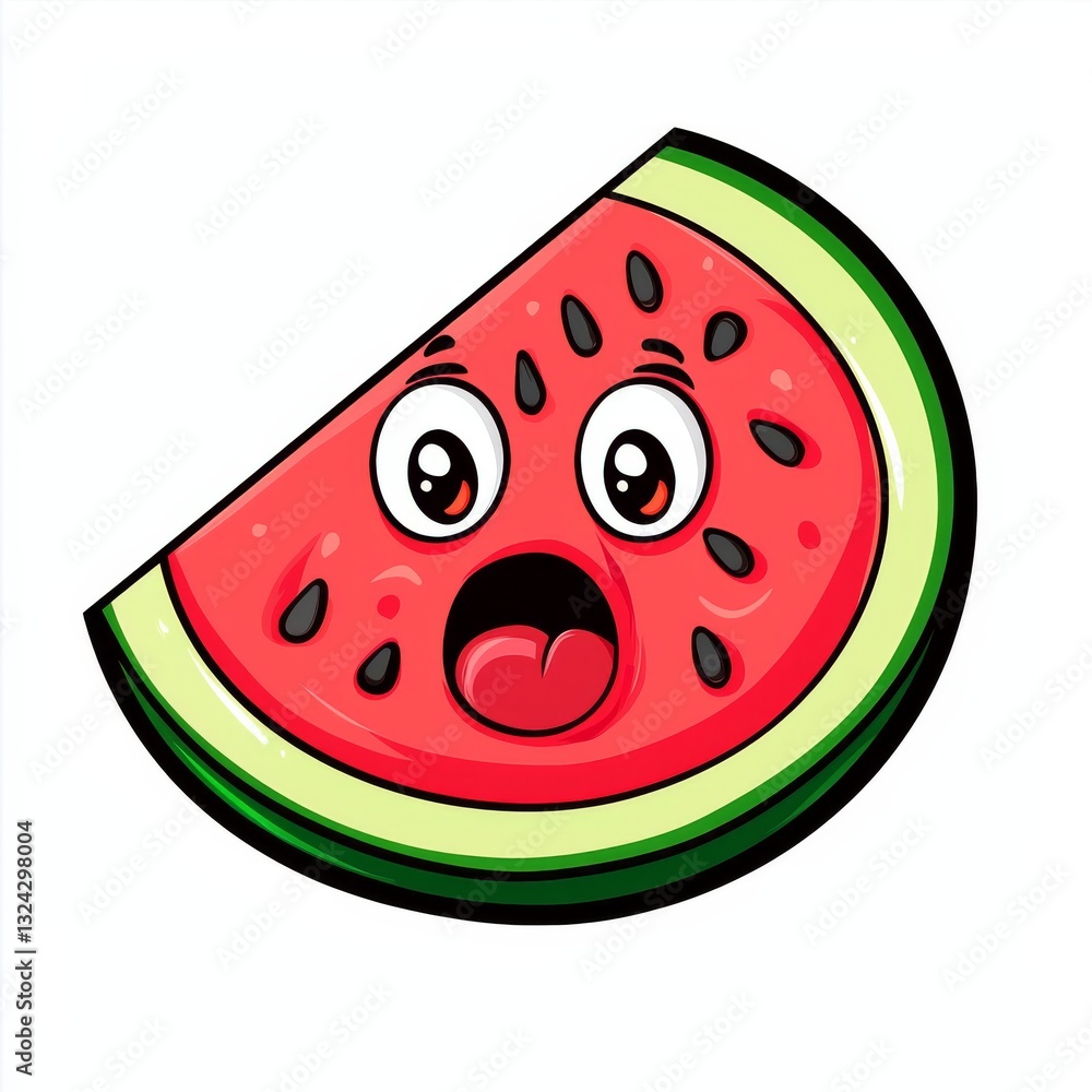 Sticker of a surprised watermelon slice with expressive eyes and mouth Sticker of a surprised watermelon slice with expressive eyes and mouth