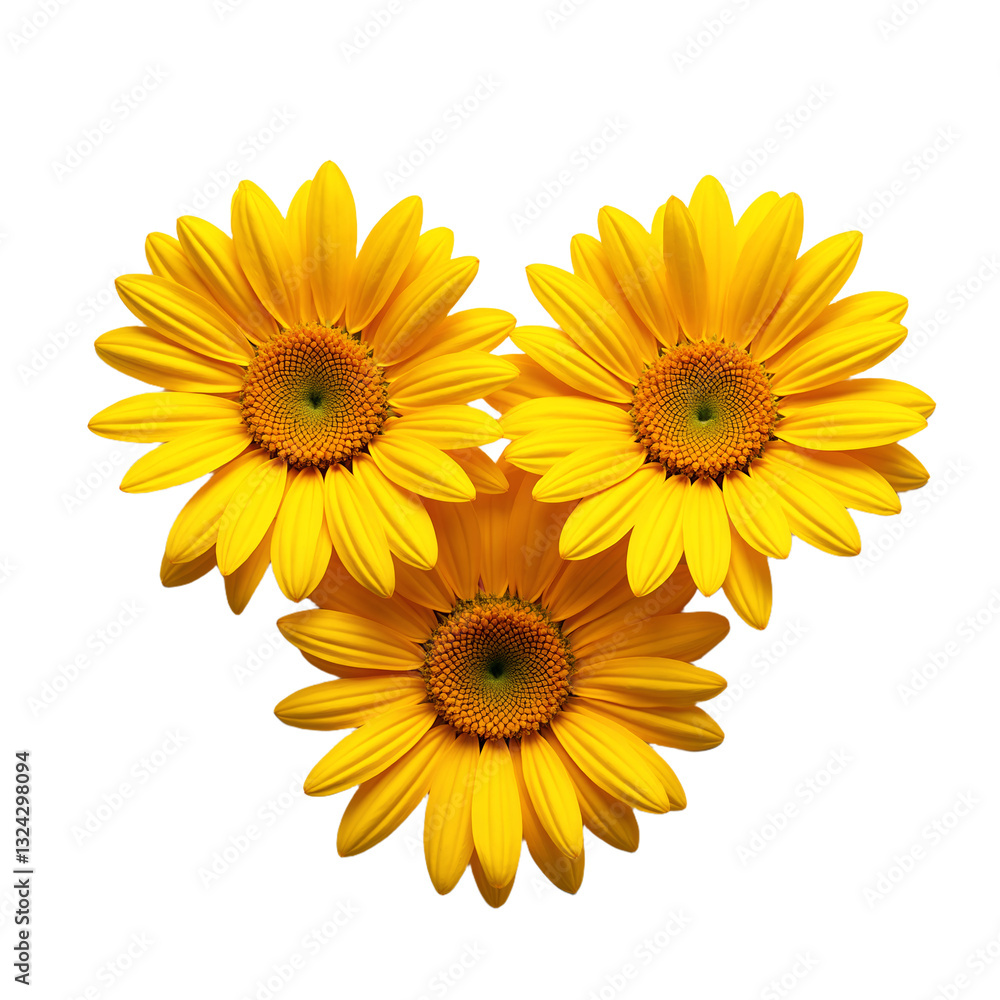 Fototapeta premium Three yellow daisies arranged in a triangular formation showcasing bright petals and detailed centers on a white background
